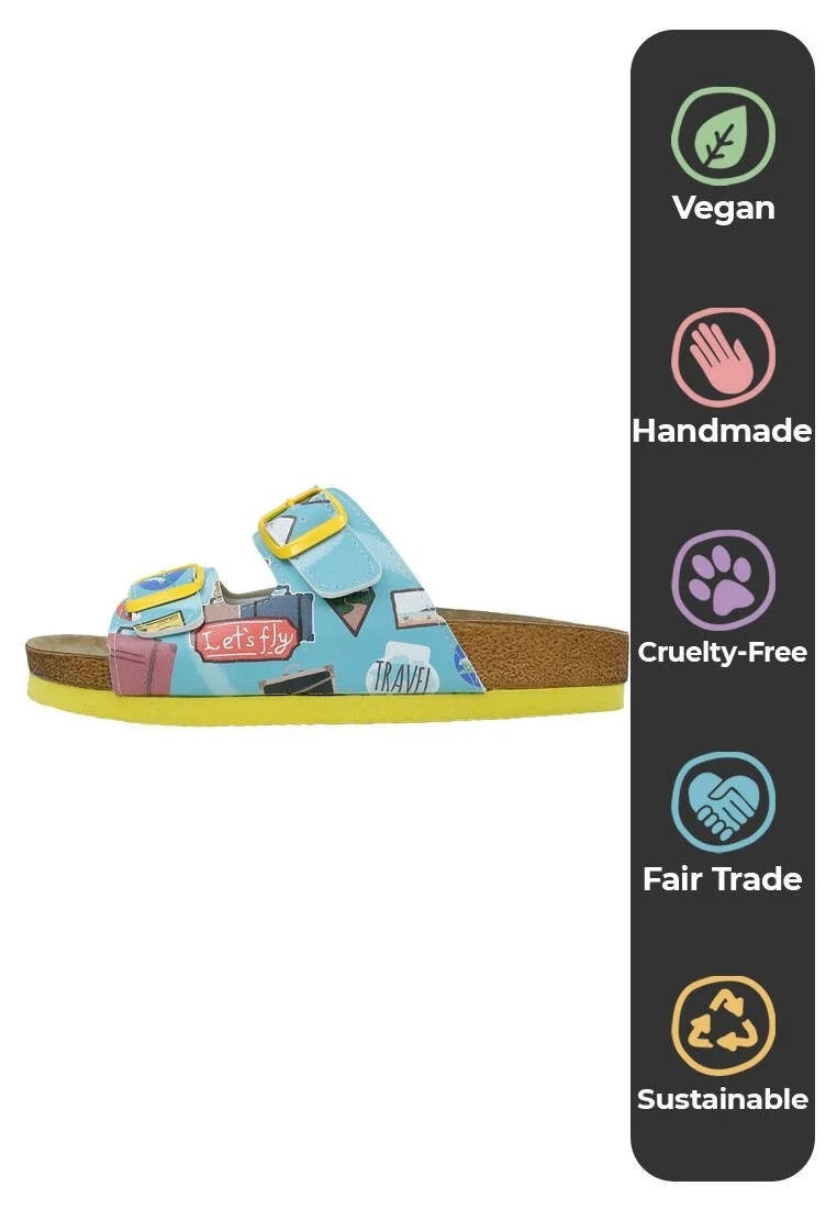 Femme Cuir Vegan Bleu Sandales - Let's Fly Motif