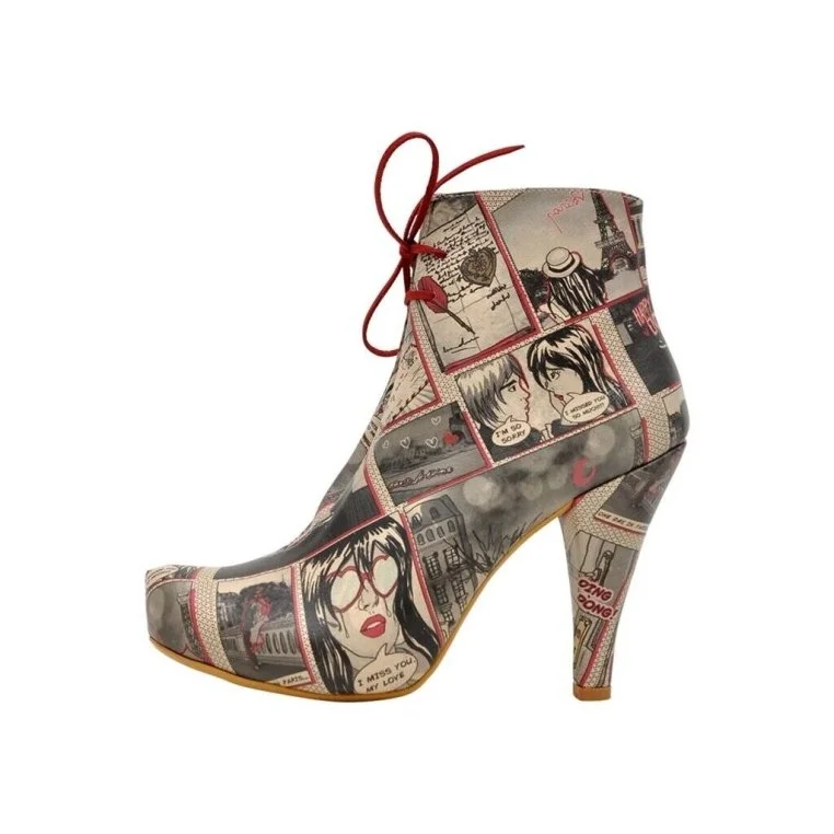 Femme Cuir Vegan Gris Bottes à Talons Hauts - Love in Paris Motif