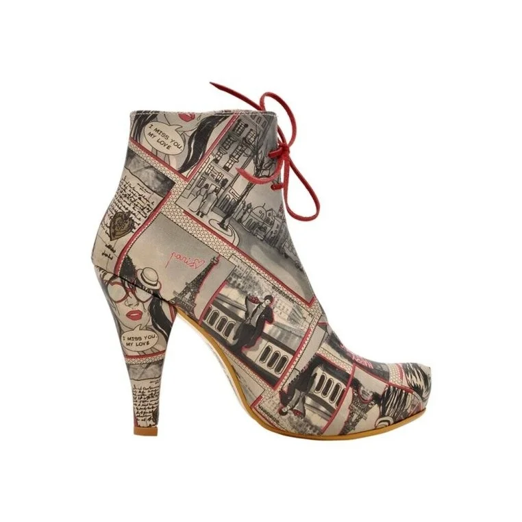 Femme Cuir Vegan Gris Bottes à Talons Hauts - Love in Paris Motif