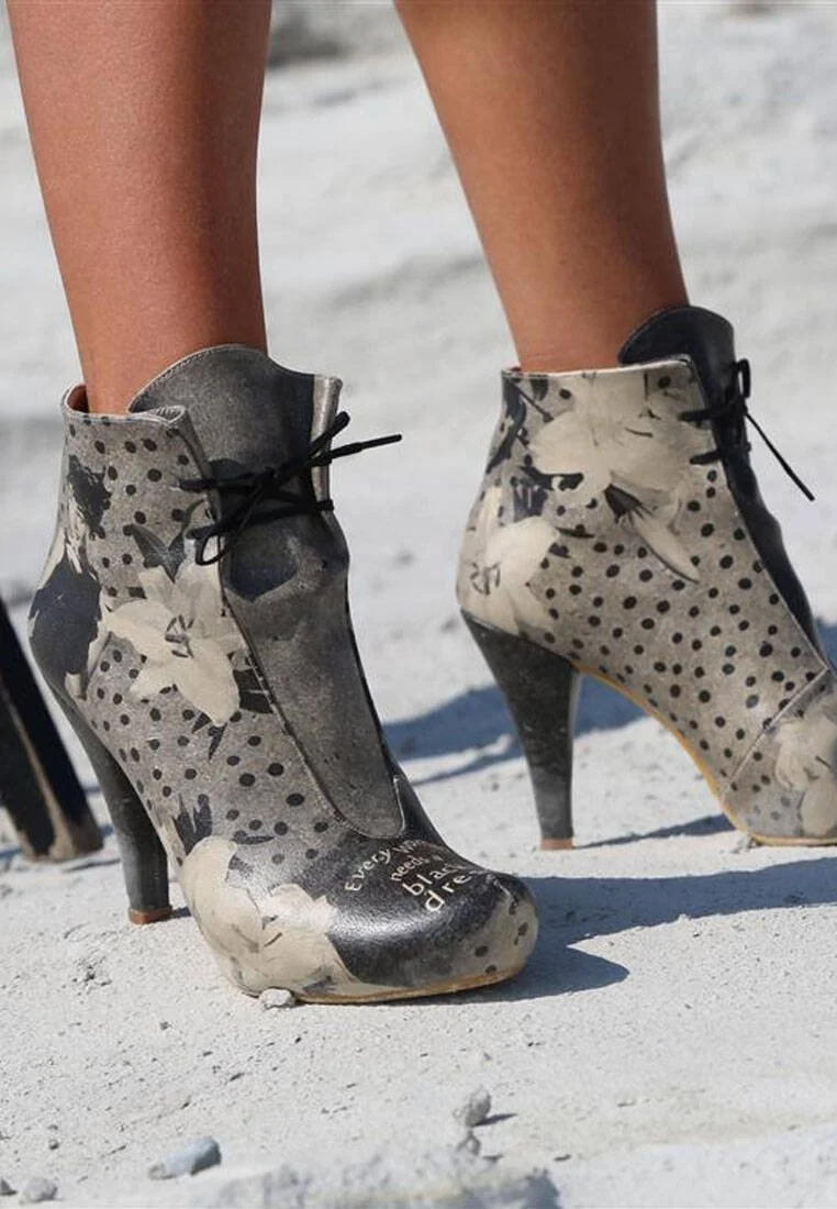 Femme Cuir Vegan Gris Bottes à Talons Hauts - Black Dress Motif