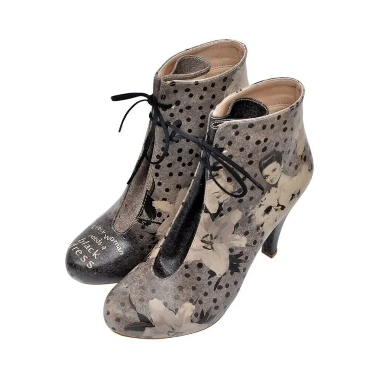 Femme Cuir Vegan Gris Bottes à Talons Hauts - Black Dress Motif