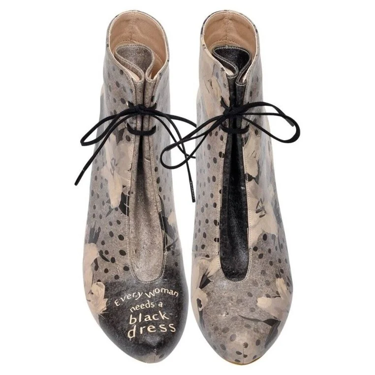 Femme Cuir Vegan Gris Bottes à Talons Hauts - Black Dress Motif