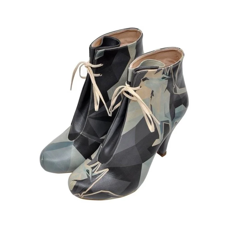 Femme Cuir Vegan Bleu Foncé Bottes à Talons Hauts - Husky Motif