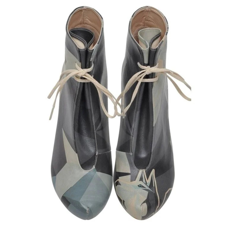 Femme Cuir Vegan Bleu Foncé Bottes à Talons Hauts - Husky Motif