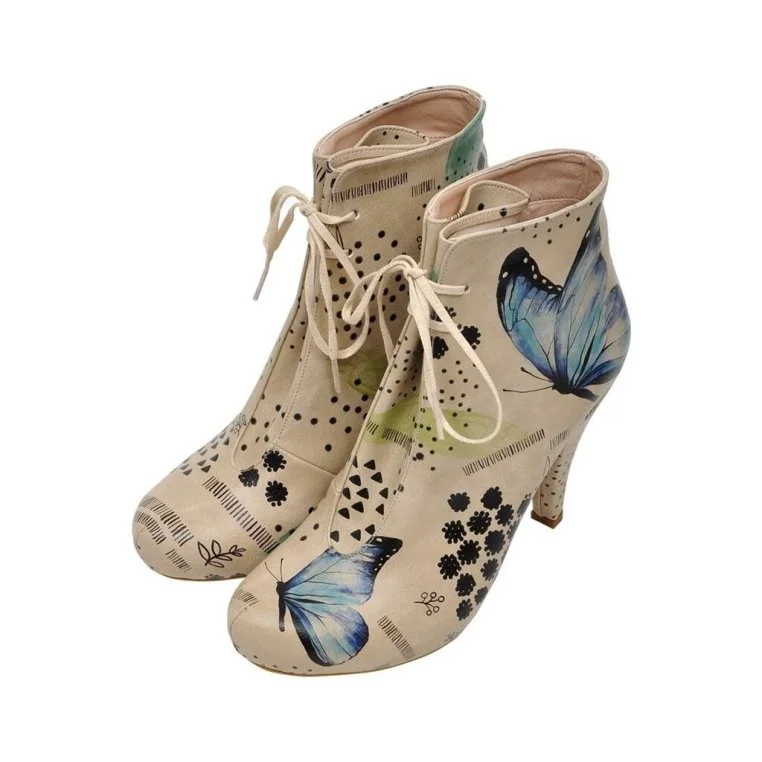Femme Cuir Vegan Beige Bottes à Talons Hauts - Use Your Wings Motif