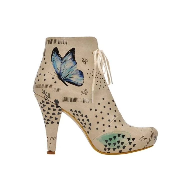 Femme Cuir Vegan Beige Bottes à Talons Hauts - Use Your Wings Motif