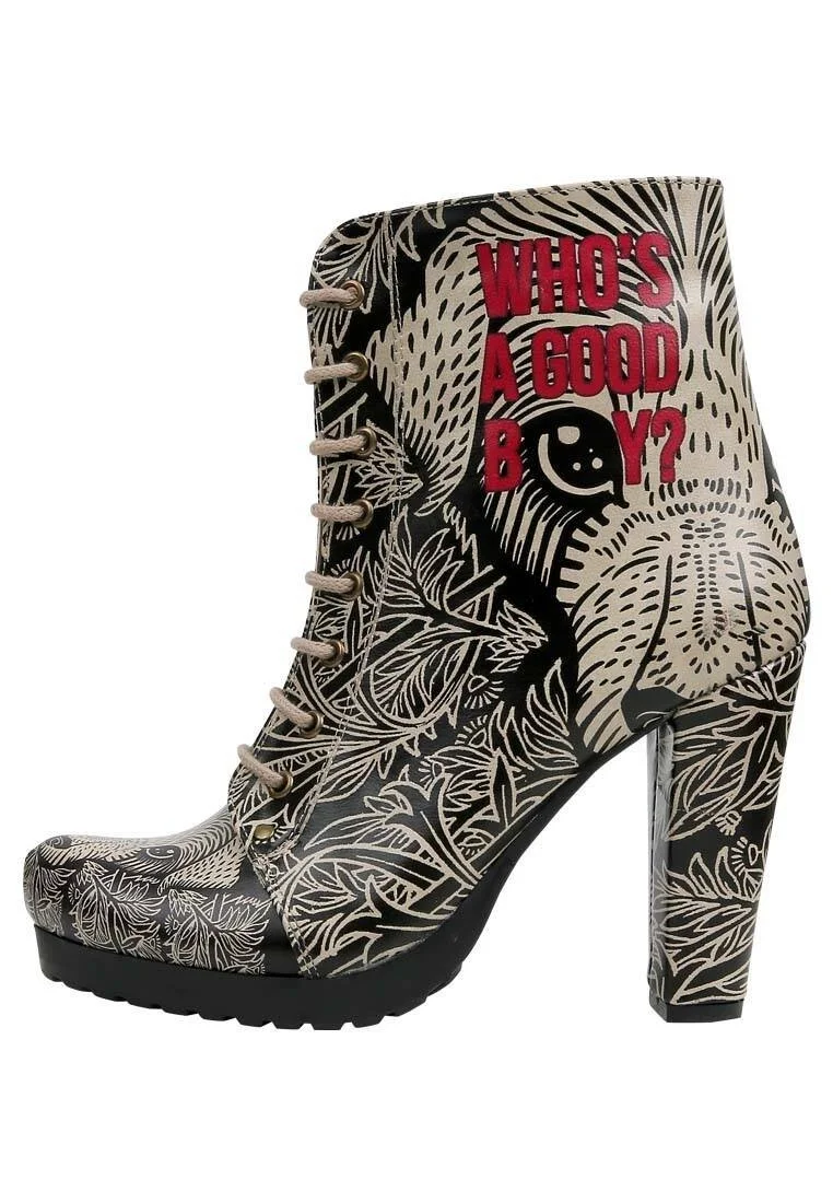 Femme Cuir Vegan Noir Bottes à Talons Hauts - Good Boy Motif
