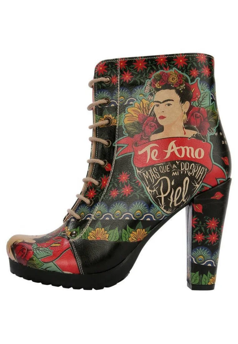 Femme Cuir Vegan Noir Bottes à Talons Hauts - Te Amo Frida Kahlo Motif