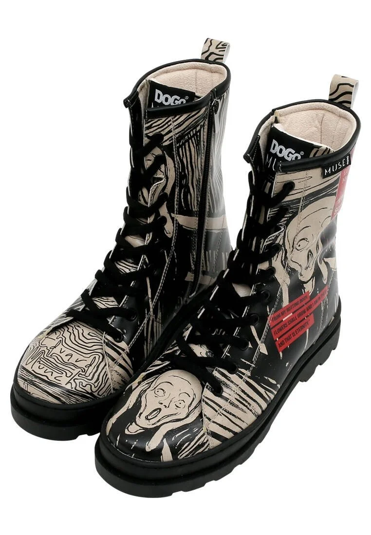 Femme Cuir Vegan Noir Bottes longues à glissière - Edvard Munch The Scream Muse Motif
