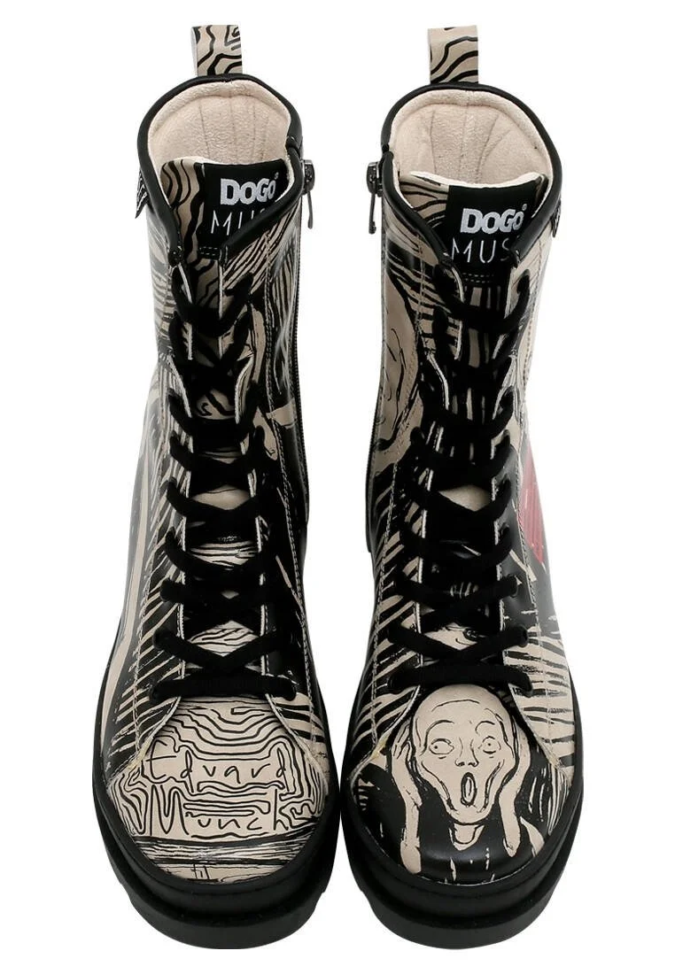 Femme Cuir Vegan Noir Bottes longues à glissière - Edvard Munch The Scream Muse Motif
