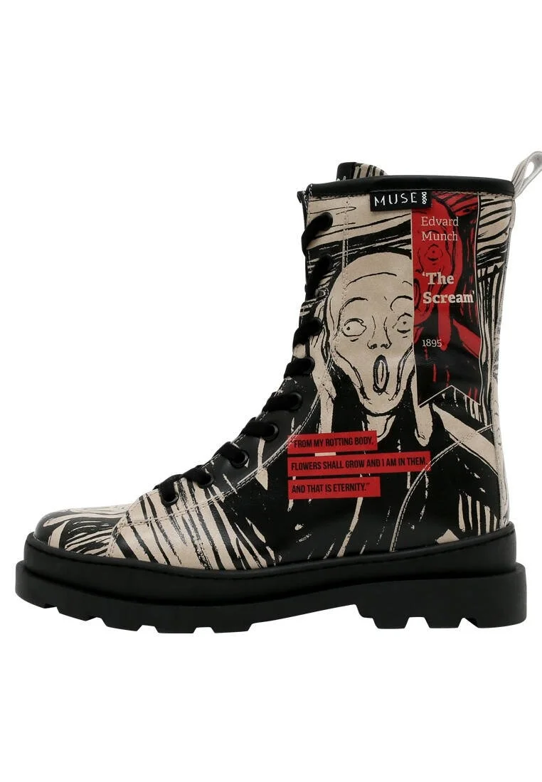 Femme Cuir Vegan Noir Bottes longues à glissière - Edvard Munch The Scream Muse Motif