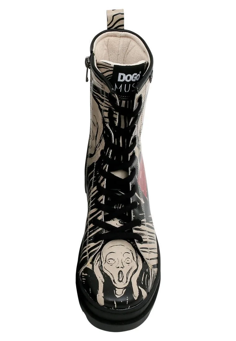 Femme Cuir Vegan Noir Bottes longues à glissière - Edvard Munch The Scream Muse Motif