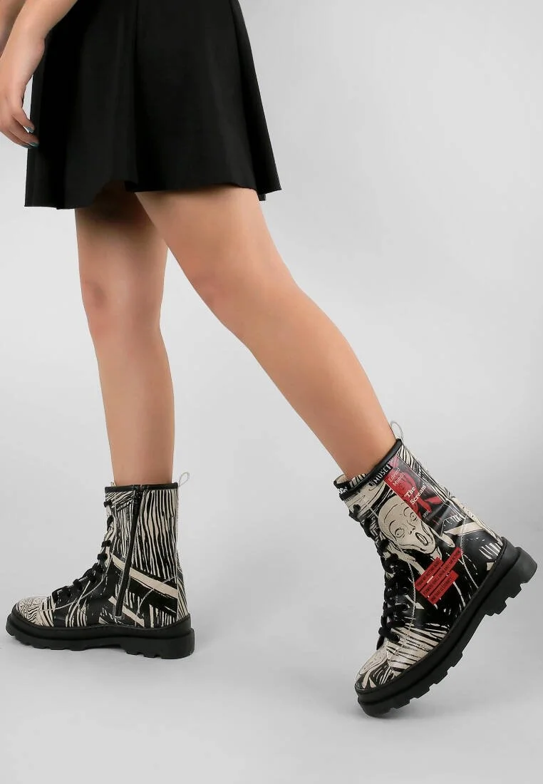 Femme Cuir Vegan Noir Bottes longues à glissière - Edvard Munch The Scream Muse Motif