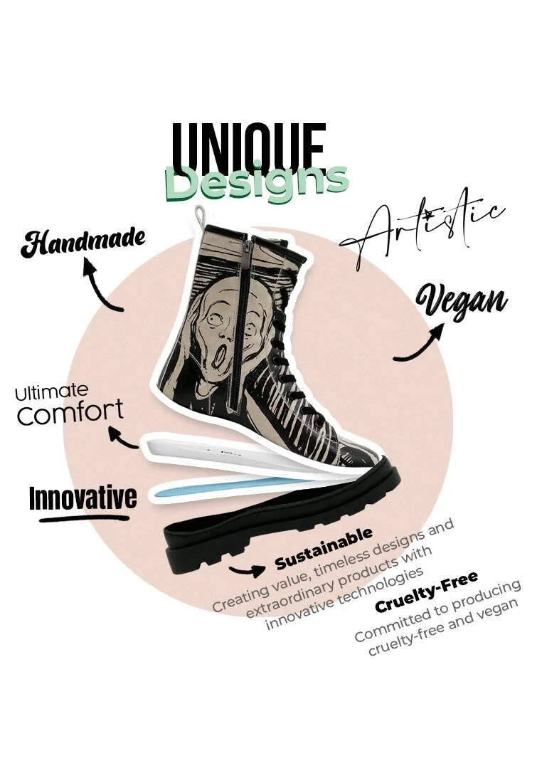 Femme Cuir Vegan Noir Bottes longues à glissière - Edvard Munch The Scream Muse Motif