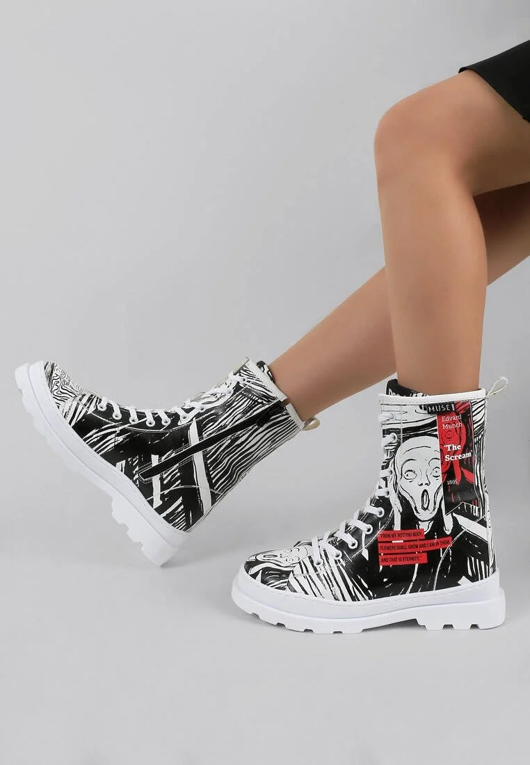 Femme Cuir Vegan Noir Bottes longues à glissière - Edvard Munch The Scream Muse Motif