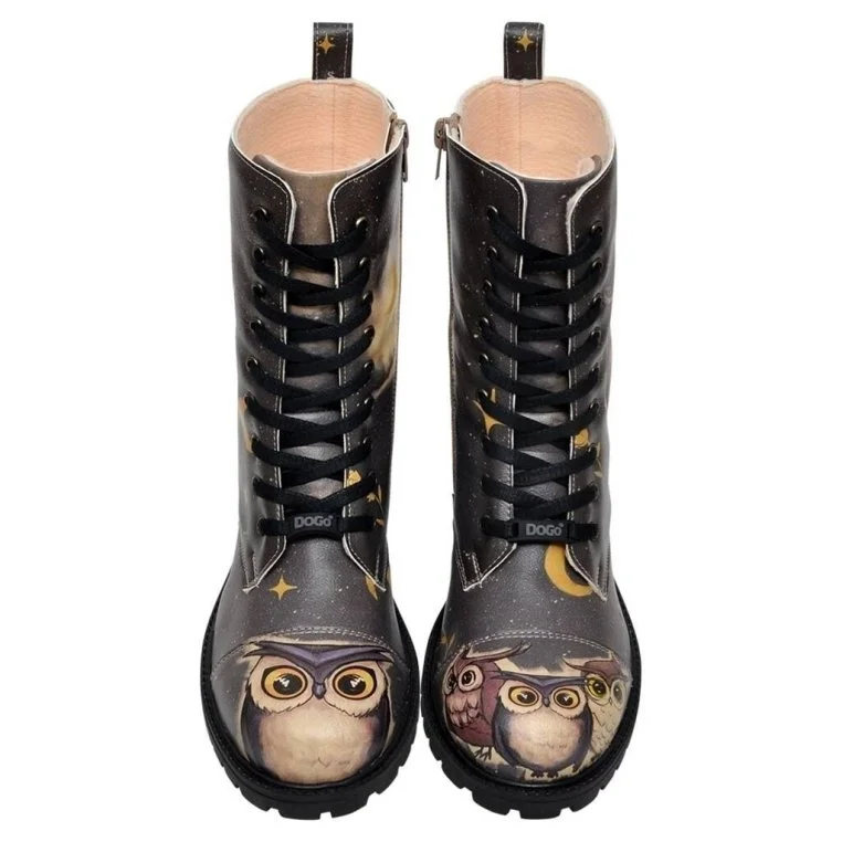 Femme Cuir Vegan Noir Bottes Longues à Glissière - Owls Family Motif