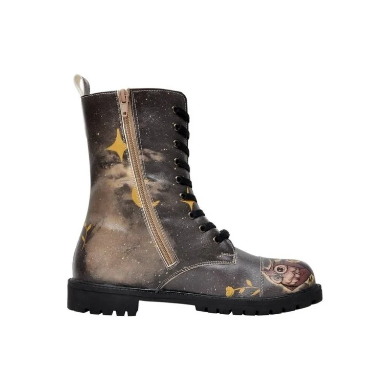 Femme Cuir Vegan Noir Bottes Longues à Glissière - Owls Family Motif