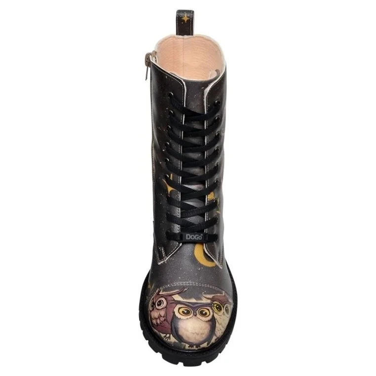 Femme Cuir Vegan Noir Bottes Longues à Glissière - Owls Family Motif