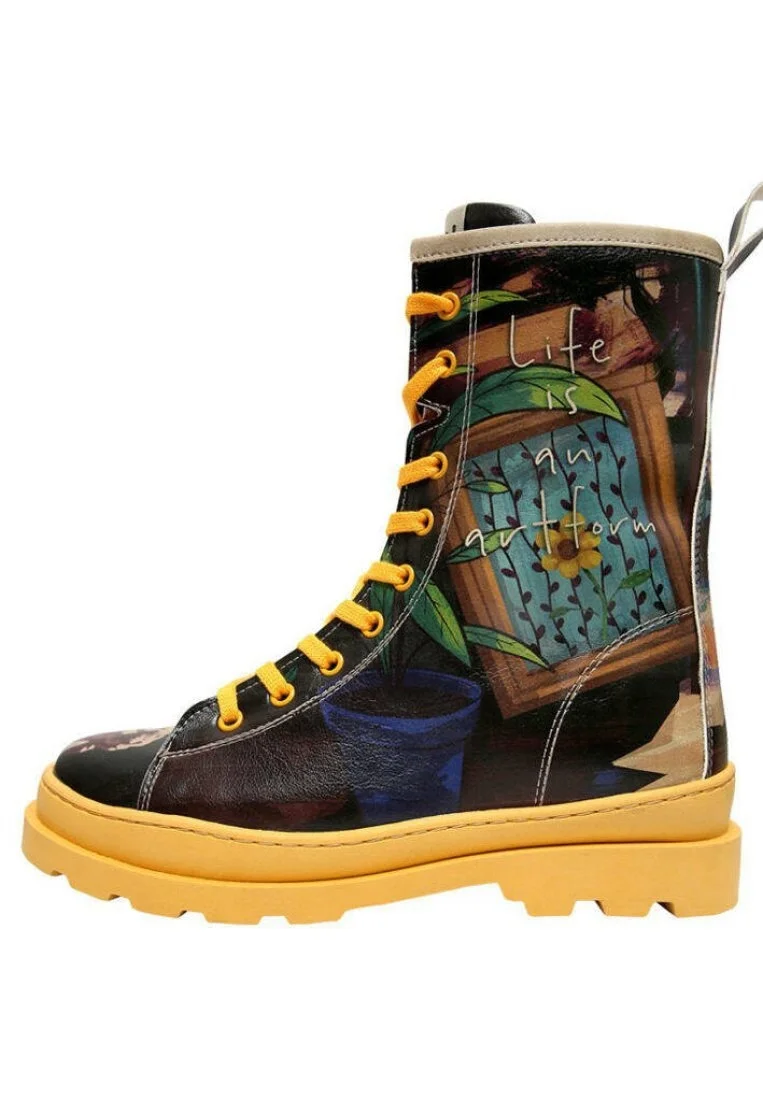 Femme Cuir Vegan Noir Bottes longues à glissière - Art Form Motif