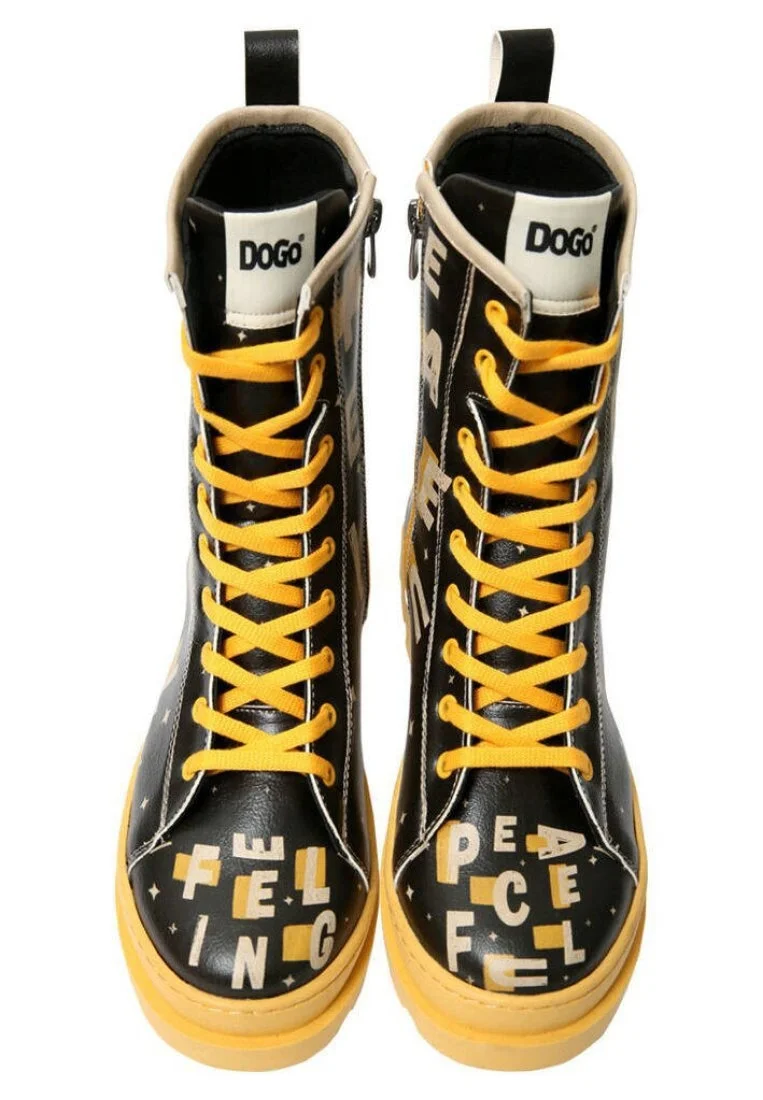 Femme Cuir Vegan Noir Bottes longues à glissière - Feeling Peaceful Motif