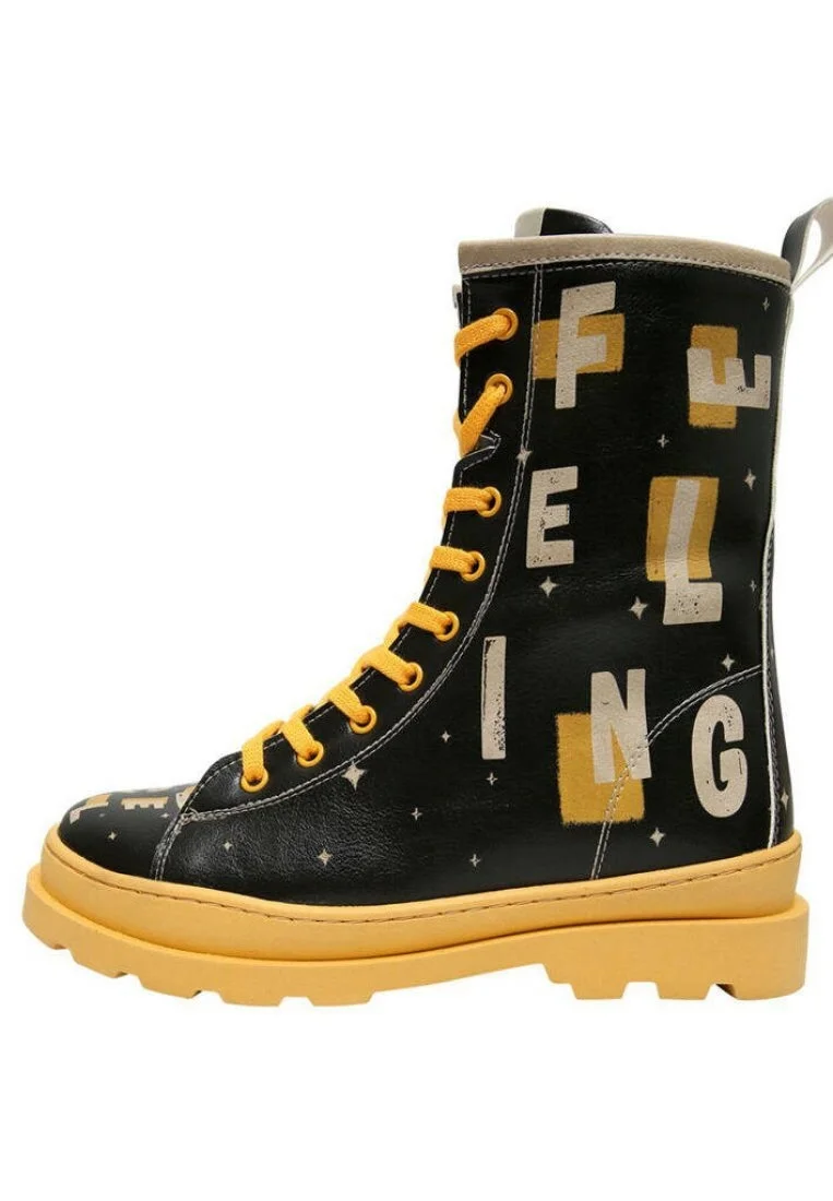 Femme Cuir Vegan Noir Bottes longues à glissière - Feeling Peaceful Motif
