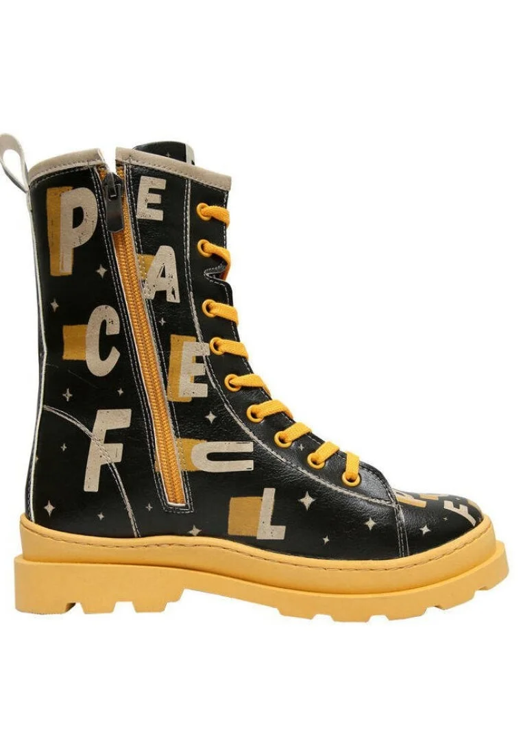 Femme Cuir Vegan Noir Bottes longues à glissière - Feeling Peaceful Motif