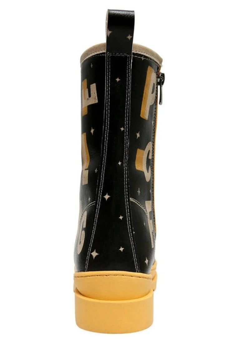 Femme Cuir Vegan Noir Bottes longues à glissière - Feeling Peaceful Motif
