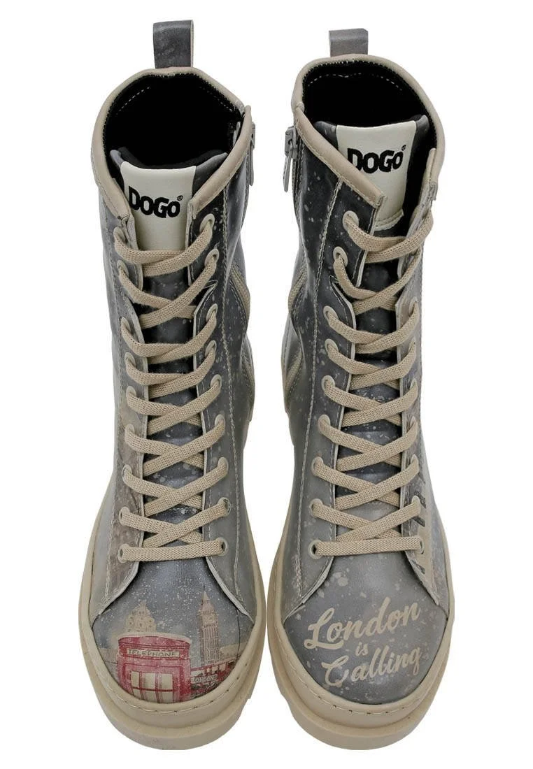 Femme Cuir Vegan Gris Bottes longues à glissière - London is Calling Motif