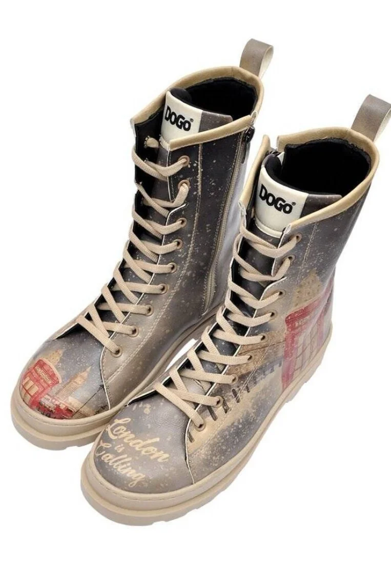 Femme Cuir Vegan Gris Bottes longues à glissière - London is Calling Motif