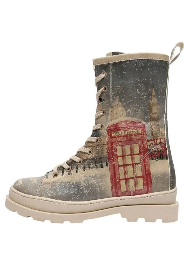 Femme Cuir Vegan Gris Bottes longues à glissière - London is Calling Motif