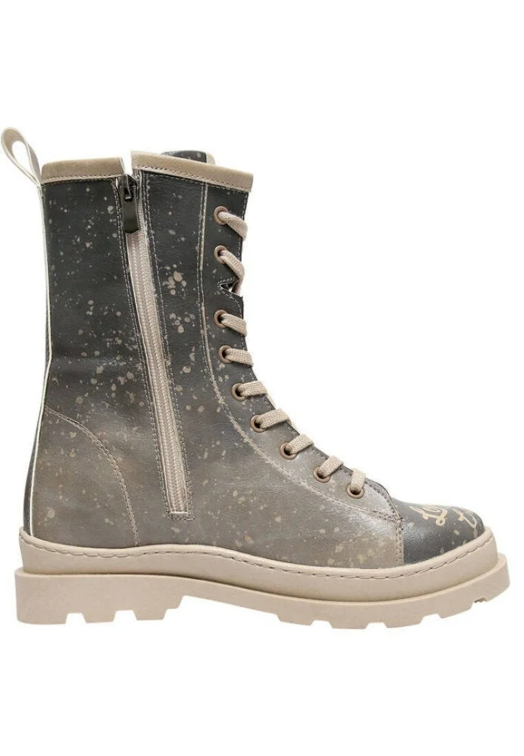 Femme Cuir Vegan Gris Bottes longues à glissière - London is Calling Motif