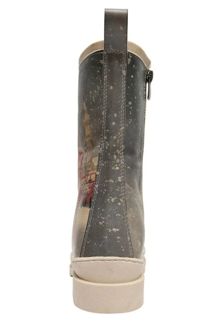Femme Cuir Vegan Gris Bottes longues à glissière - London is Calling Motif