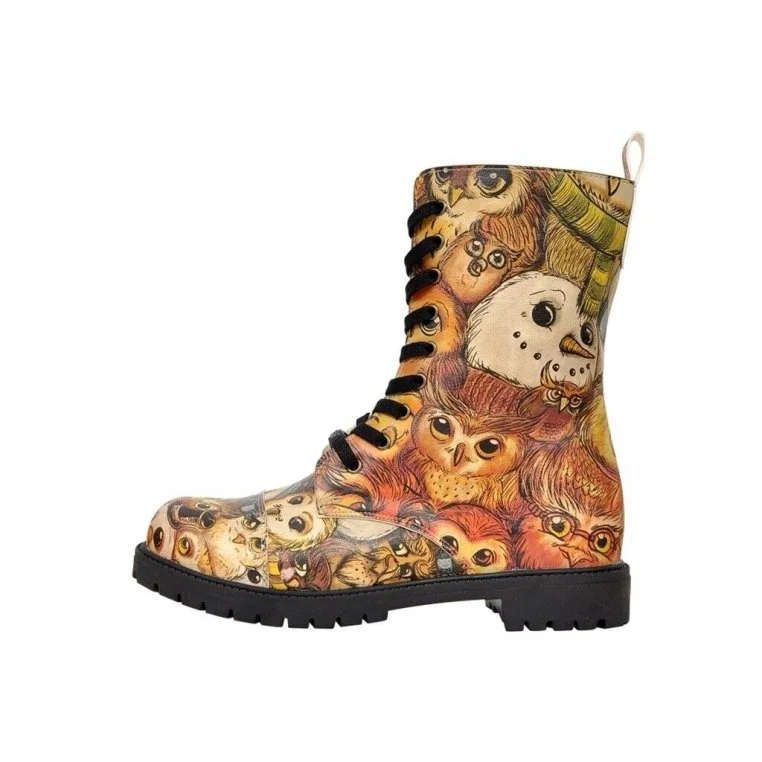 Femme Cuir Vegan Multicolore Bottes Longues à Glissière - Owl city Motif