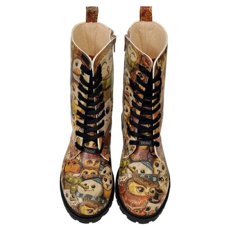 Femme Cuir Vegan Multicolore Bottes Longues à Glissière - Owl city Motif