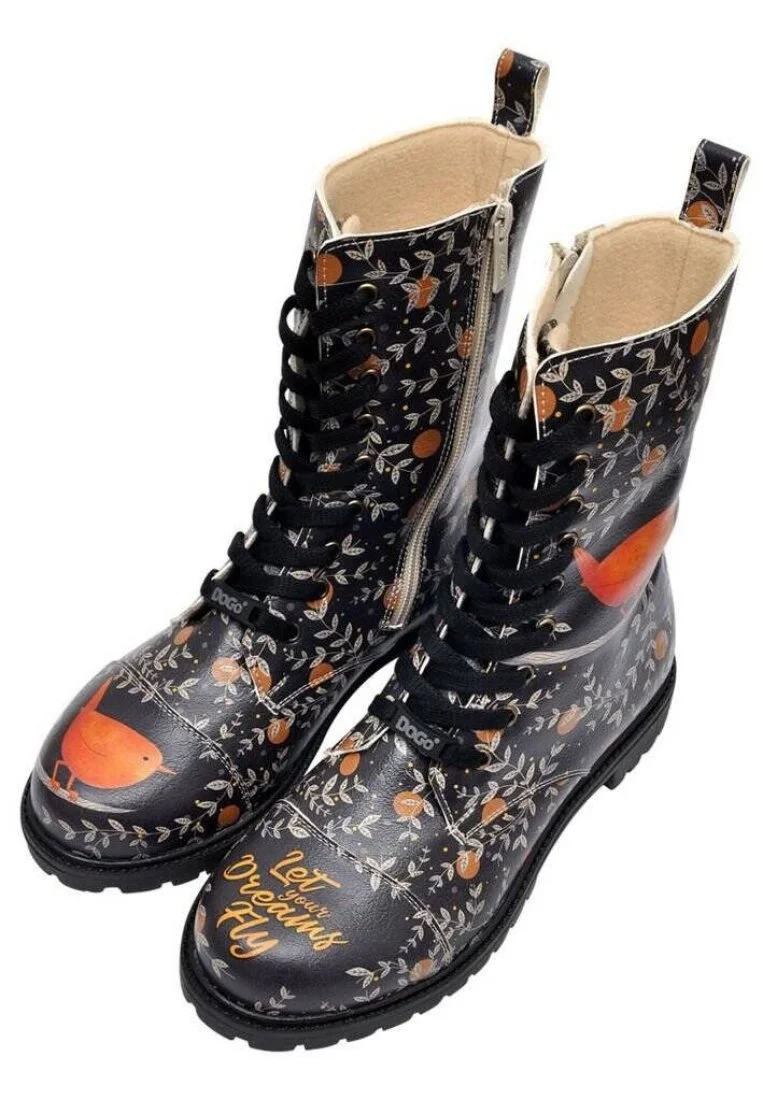 Femme Cuir Vegan Noir Bottes Longues à Glissière - Let Your Dreams Fly Motif