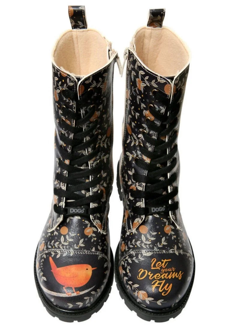 Femme Cuir Vegan Noir Bottes Longues à Glissière - Let Your Dreams Fly Motif