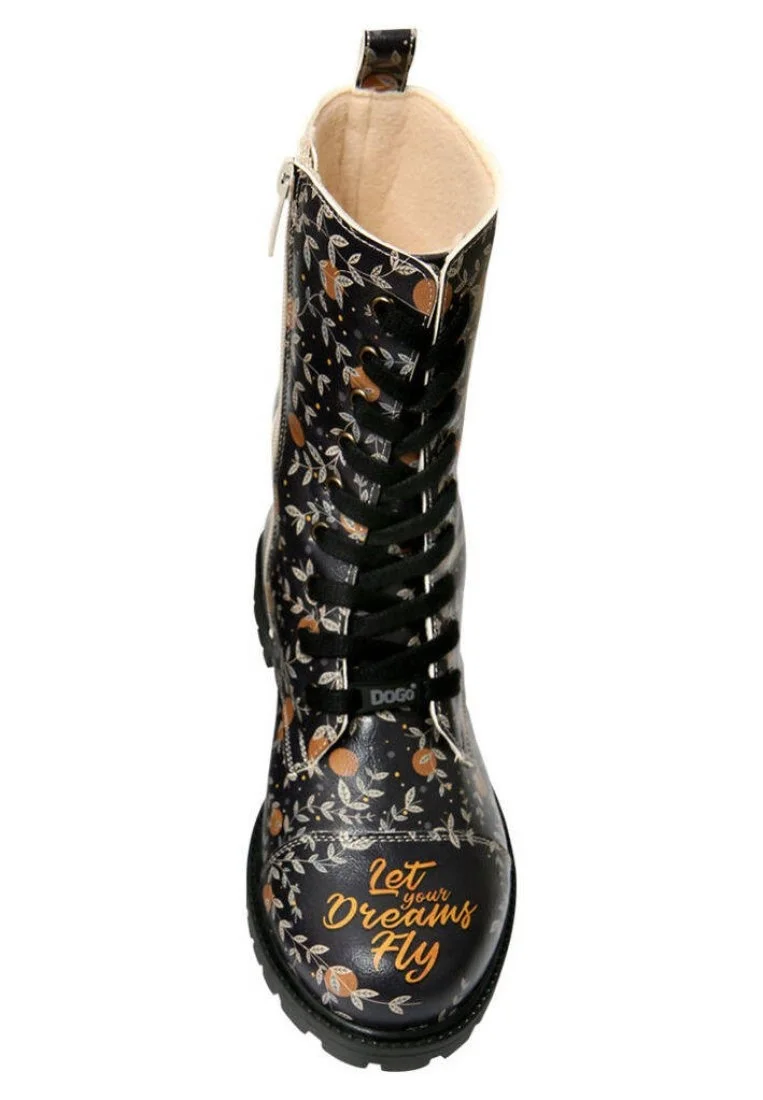 Femme Cuir Vegan Noir Bottes Longues à Glissière - Let Your Dreams Fly Motif