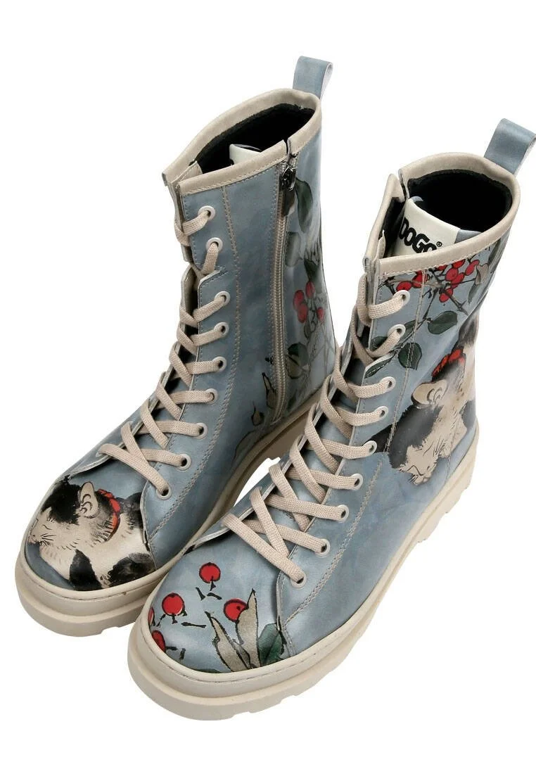 Femme Cuir Vegan Bleu Bottes longues à glissière - Sleepy Cat Motif