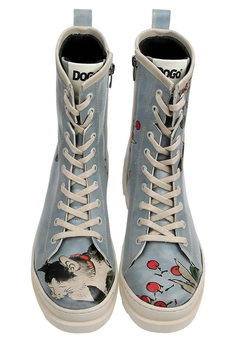 Femme Cuir Vegan Bleu Bottes longues à glissière - Sleepy Cat Motif
