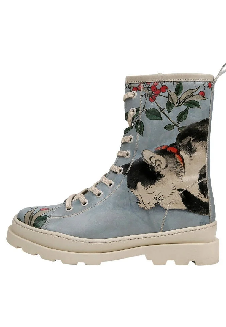 Femme Cuir Vegan Bleu Bottes longues à glissière - Sleepy Cat Motif