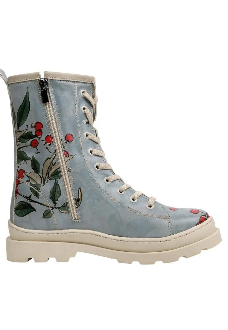 Femme Cuir Vegan Bleu Bottes longues à glissière - Sleepy Cat Motif