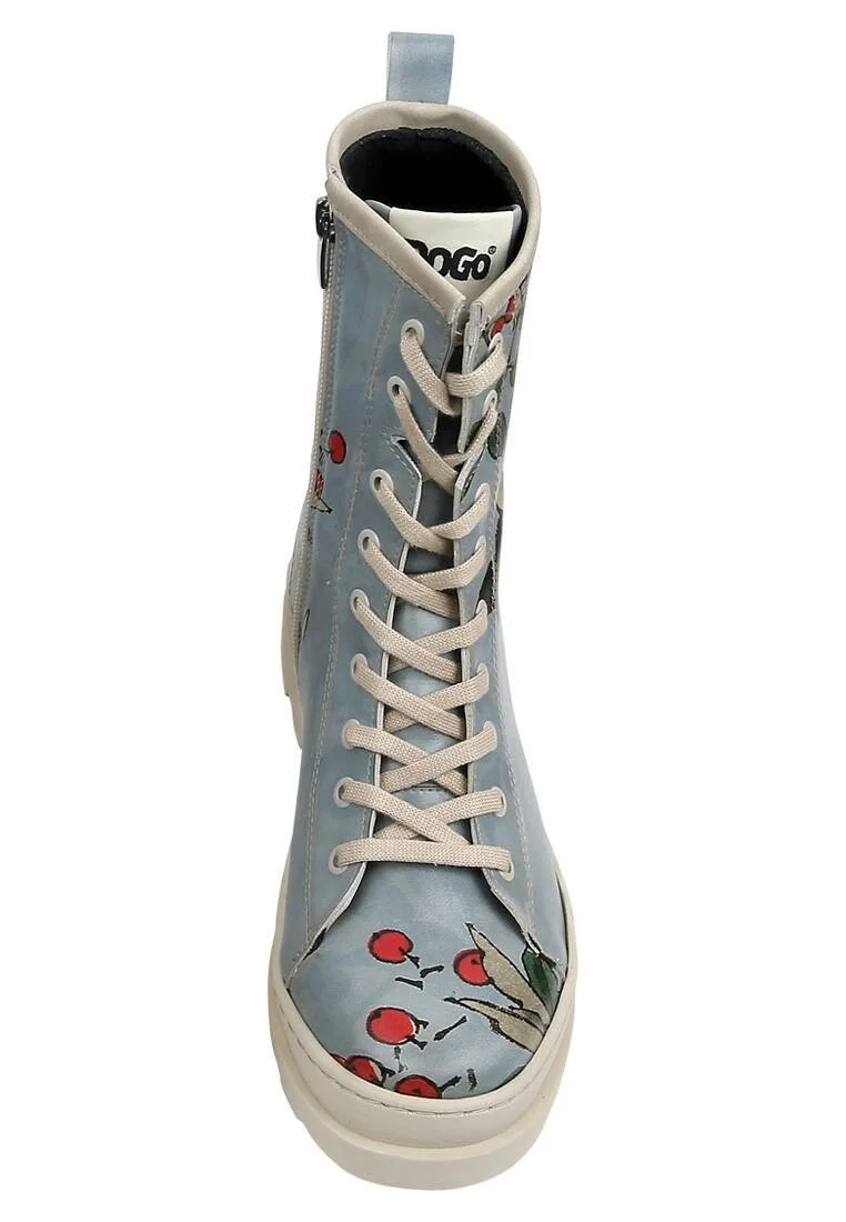 Femme Cuir Vegan Bleu Bottes longues à glissière - Sleepy Cat Motif