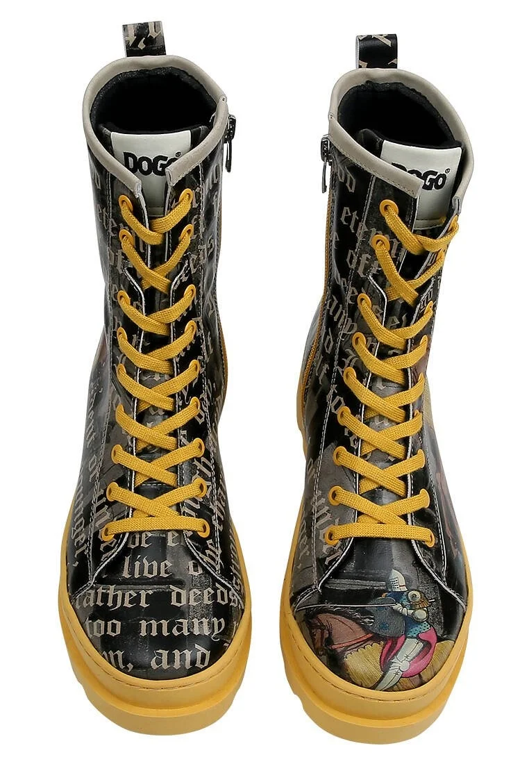 Femme Cuir Vegan Noir Bottes longues à glissière - Joan of Arc Motif