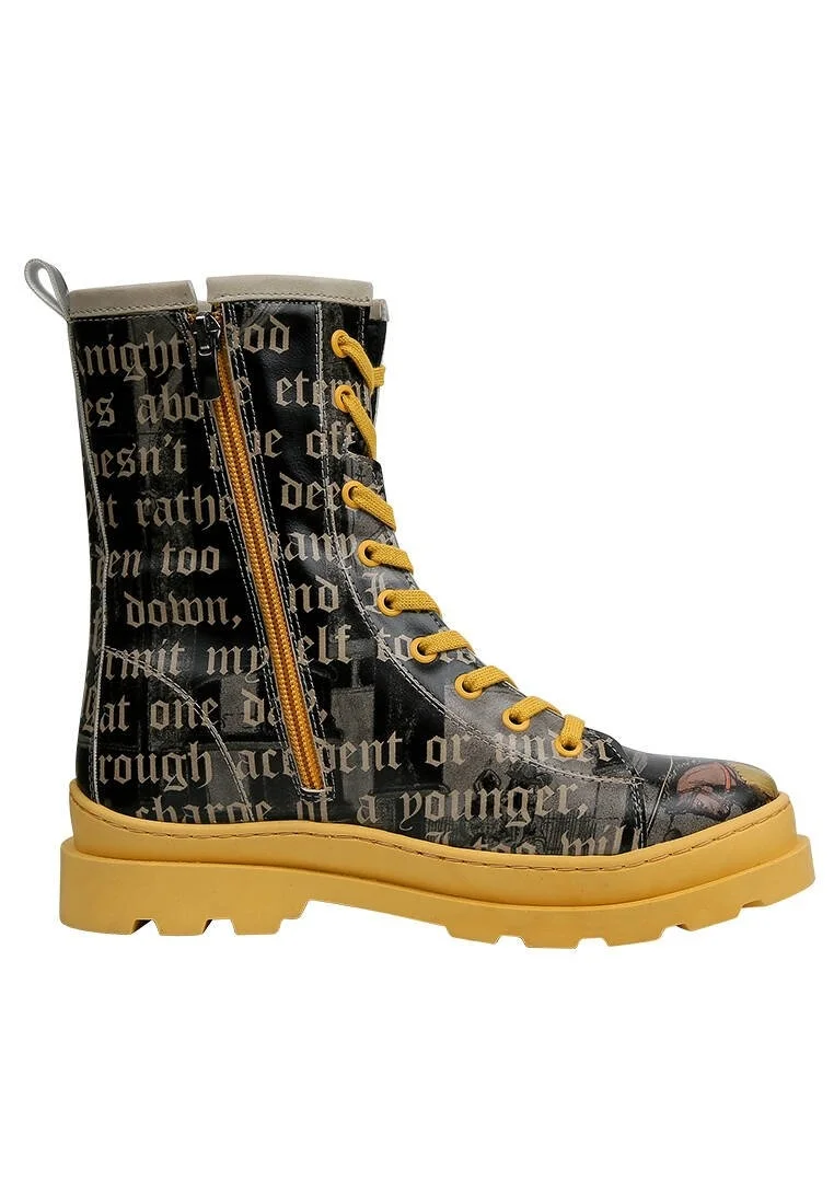 Femme Cuir Vegan Noir Bottes longues à glissière - Joan of Arc Motif