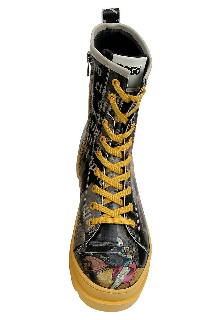 Femme Cuir Vegan Noir Bottes longues à glissière - Joan of Arc Motif