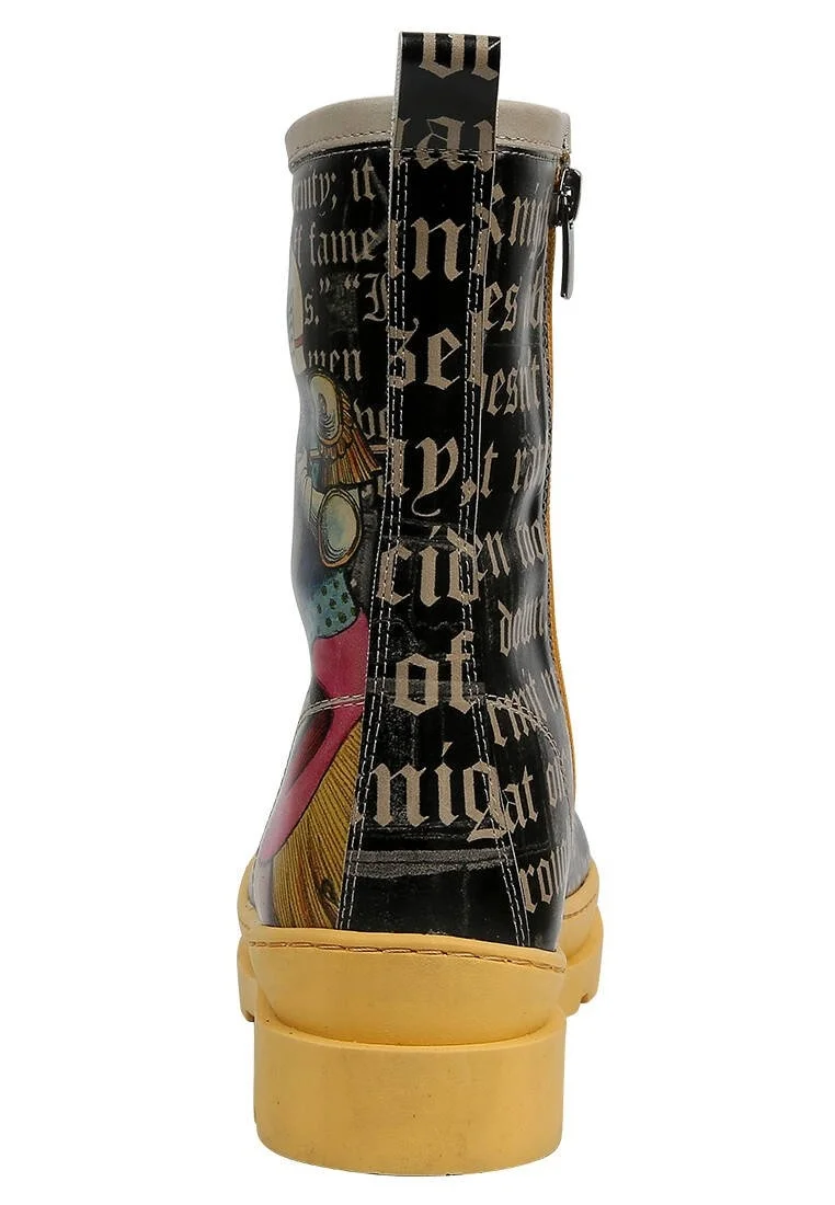 Femme Cuir Vegan Noir Bottes longues à glissière - Joan of Arc Motif