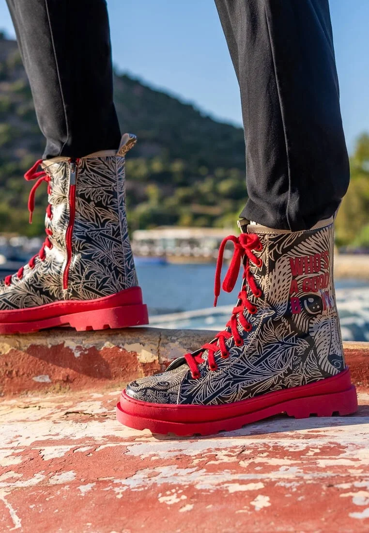 Femme Cuir Vegan Noir Bottes longues à glissière - Good Boy Motif