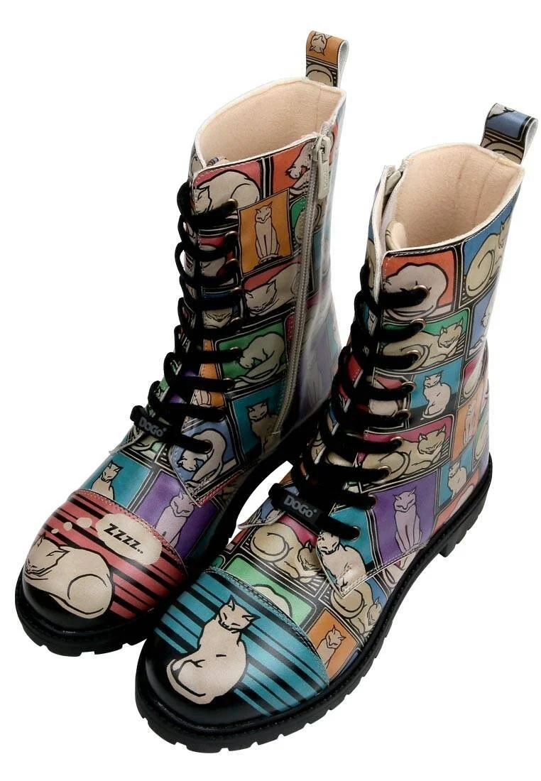 Femme Cuir Vegan Multicolore Bottes Longues à Glissière - Cats and Boxes Motif