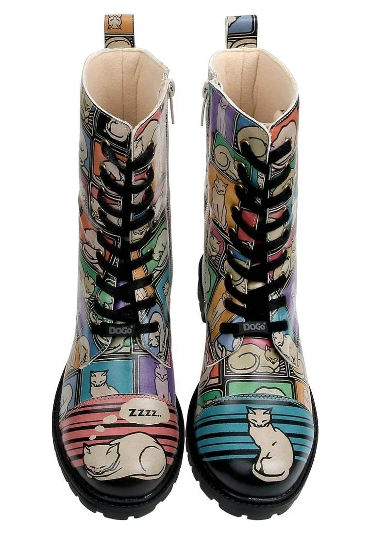 Femme Cuir Vegan Multicolore Bottes Longues à Glissière - Cats and Boxes Motif