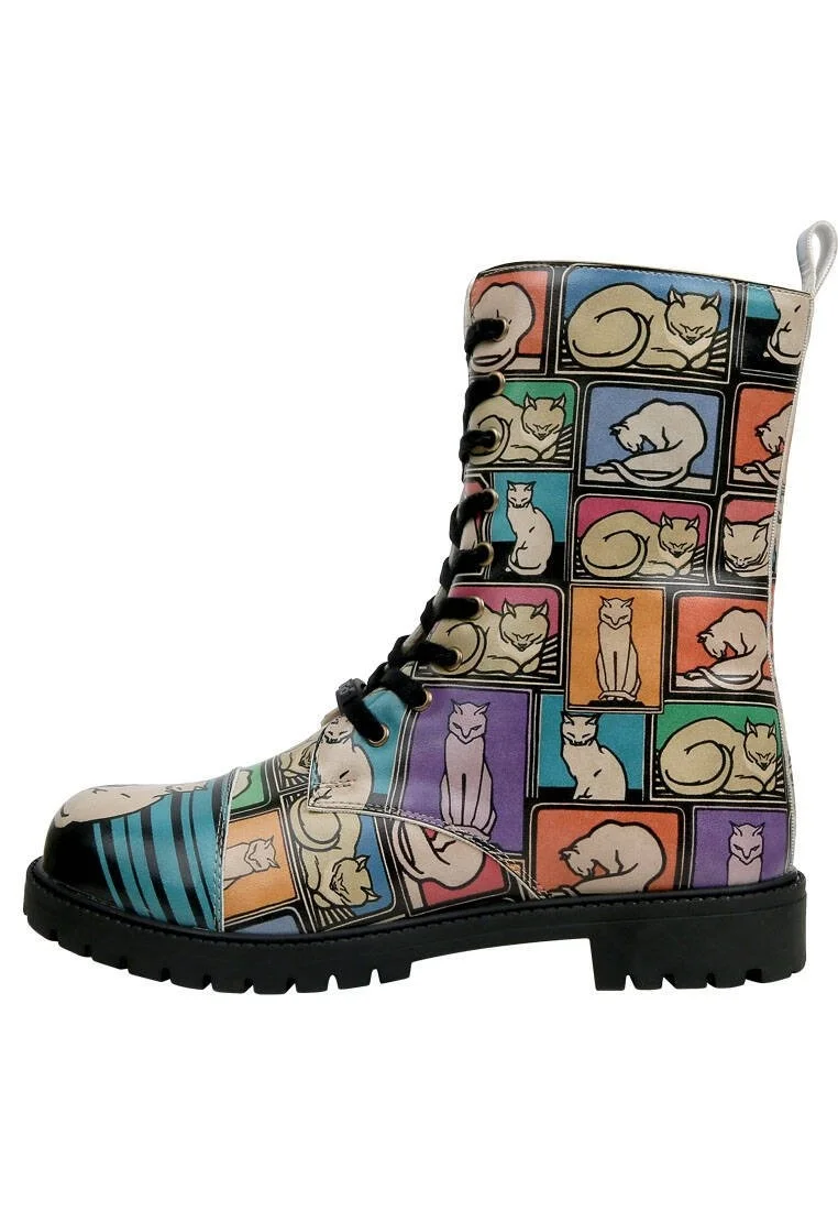 Femme Cuir Vegan Multicolore Bottes Longues à Glissière - Cats and Boxes Motif